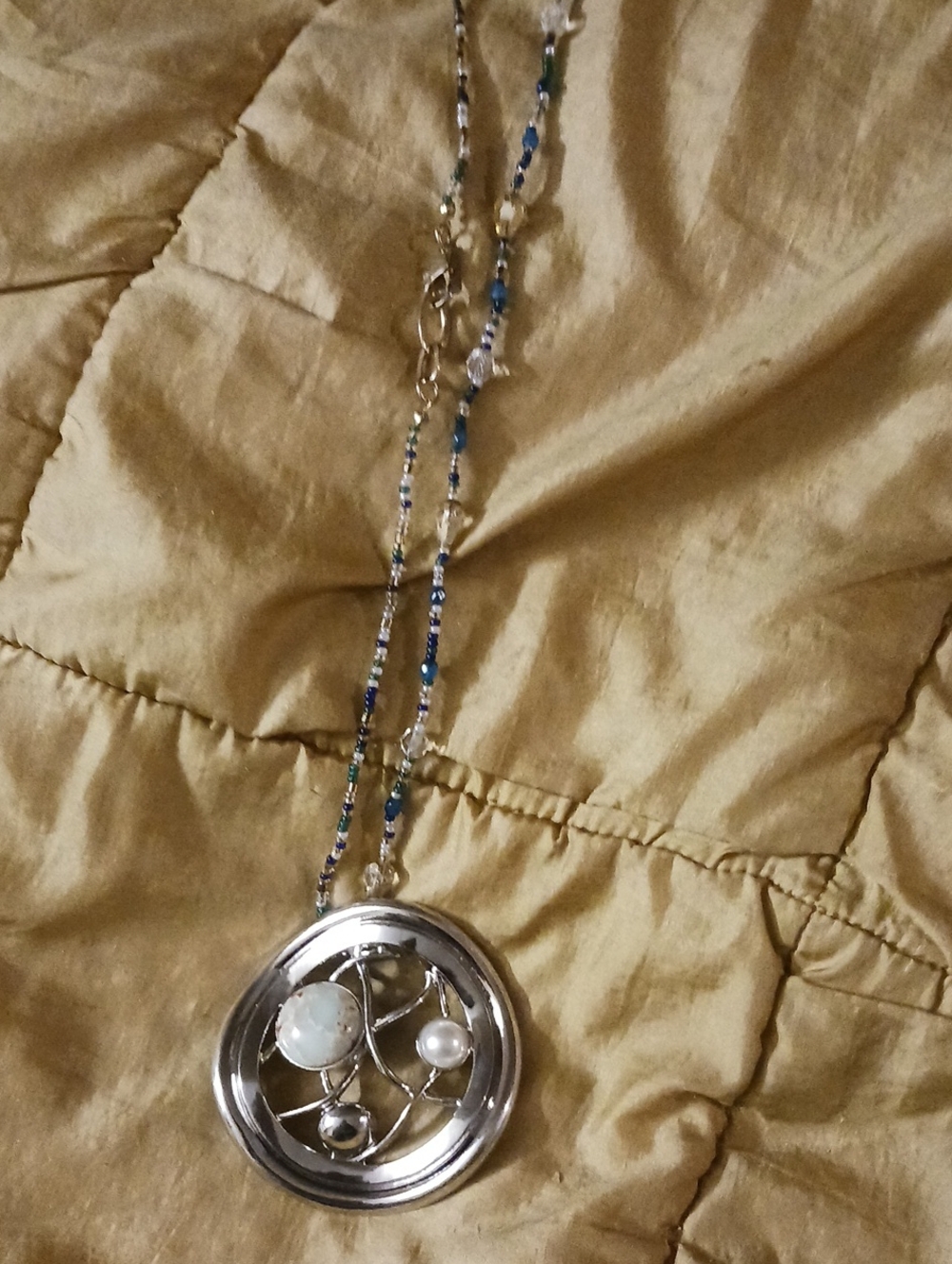 Silver Pendant Necklace with Blue Beaded Chain